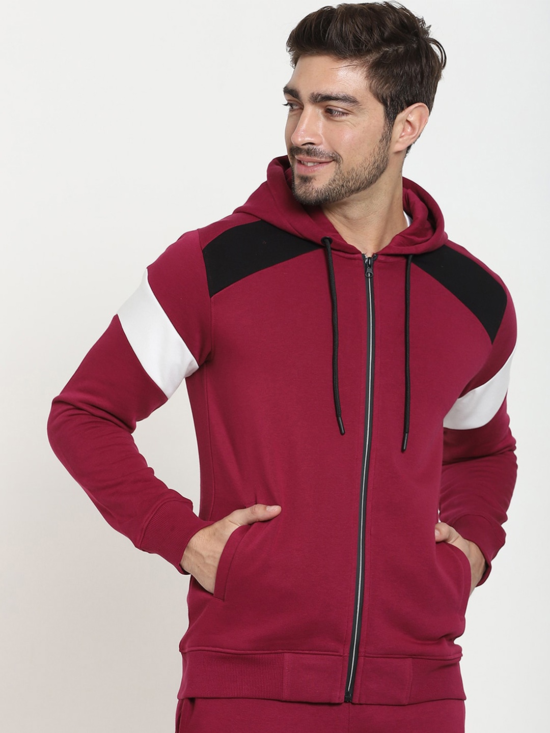 

Bewakoof Men Color Block Zipper Hoodie, Maroon