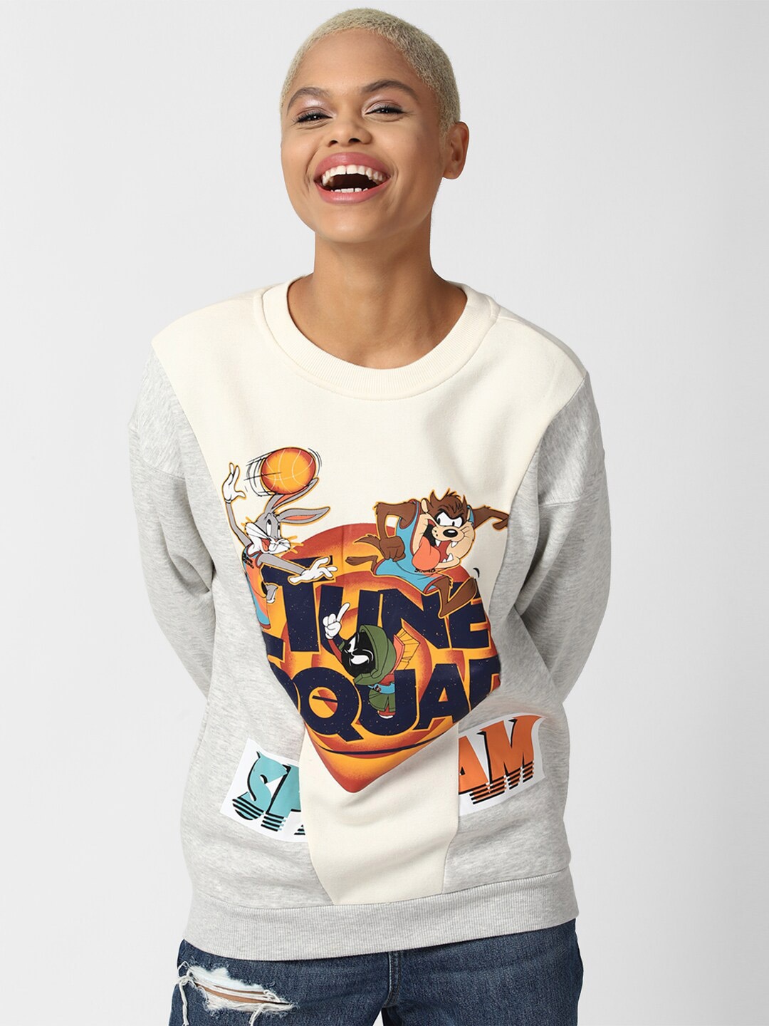 

FOREVER 21 Women Grey Printed Reworked Space Jam Pullover