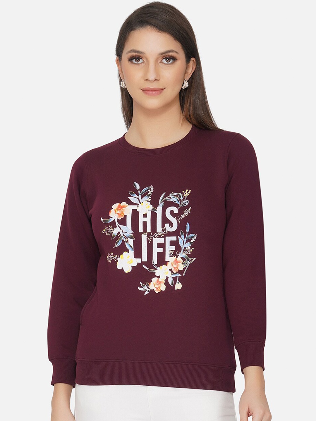 

FABNEST Women Burgundy Printed Sweatshirt
