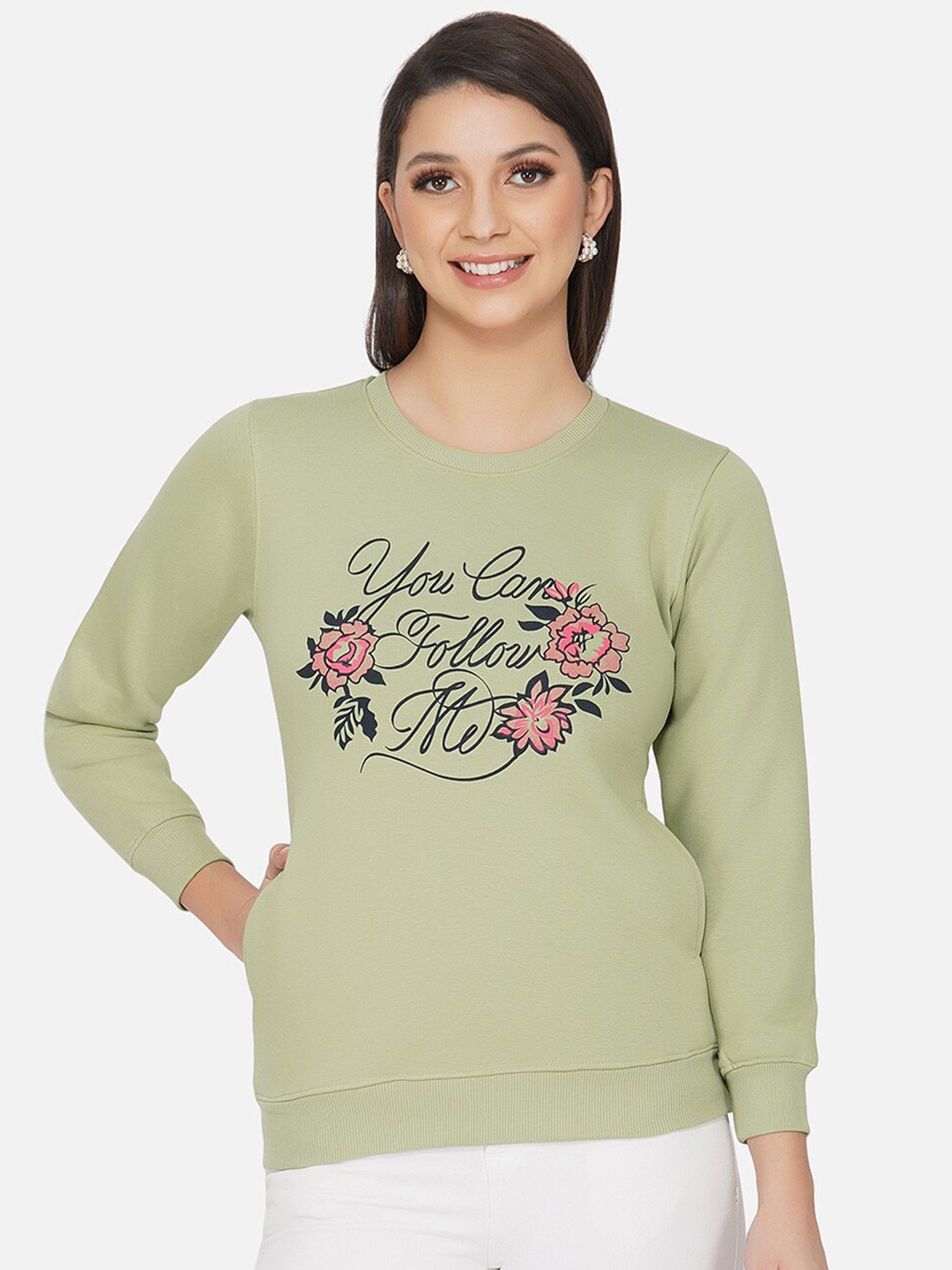 

FABNEST Women Green & Black Typography Printed Cotton Sweatshirt