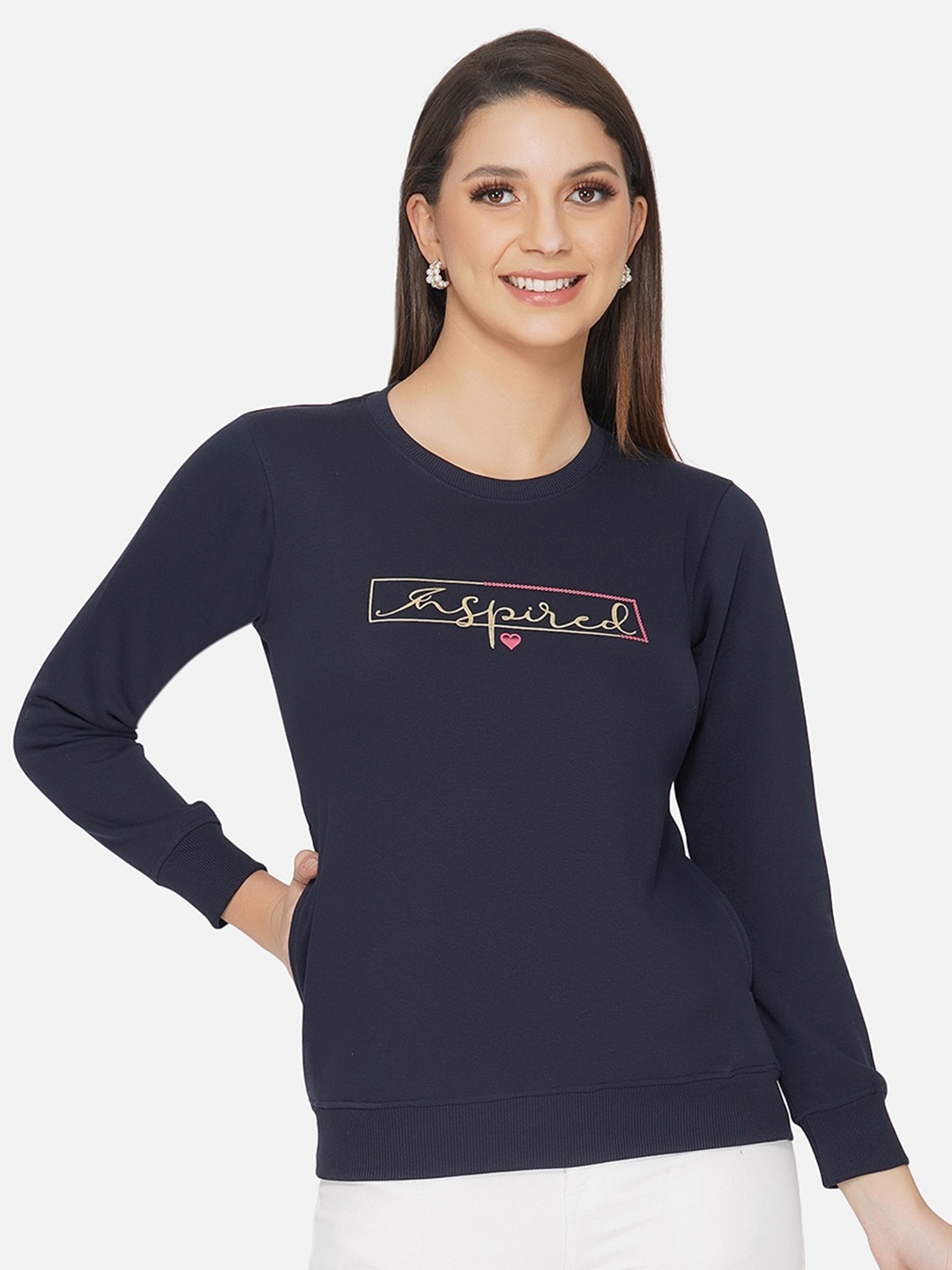

FABNEST Women Navy Blue Printed Sweatshirt