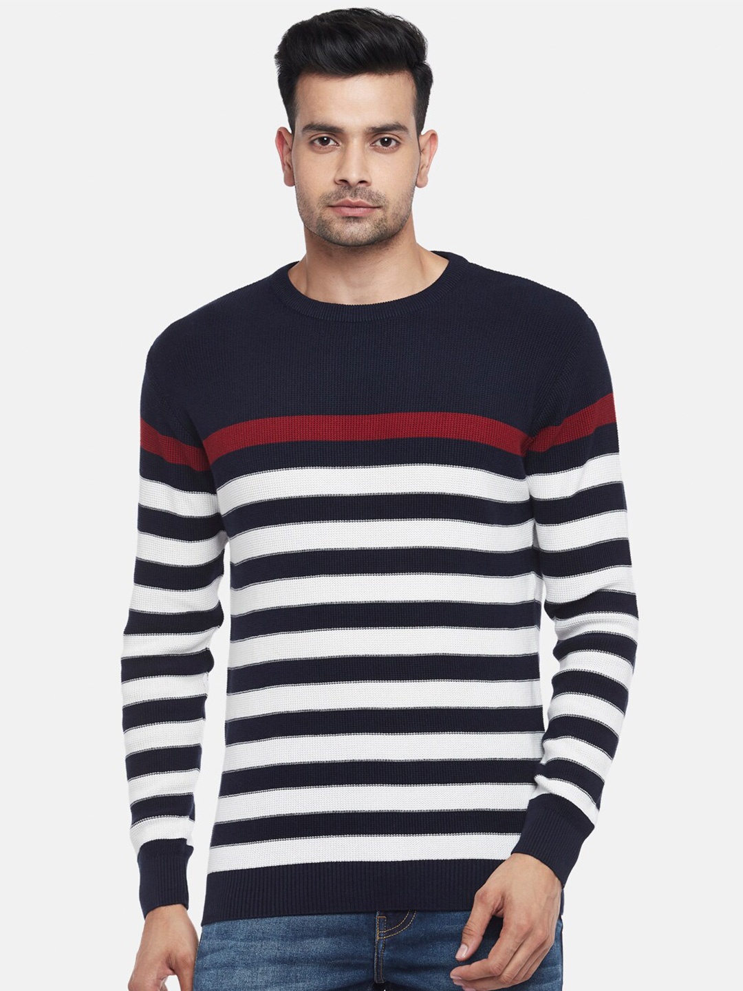 

People Men Navy Blue & White Striped Pure Cotton Pullover