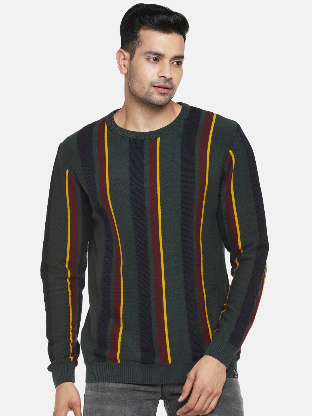 

People Men Green & Maroon Striped Pullover