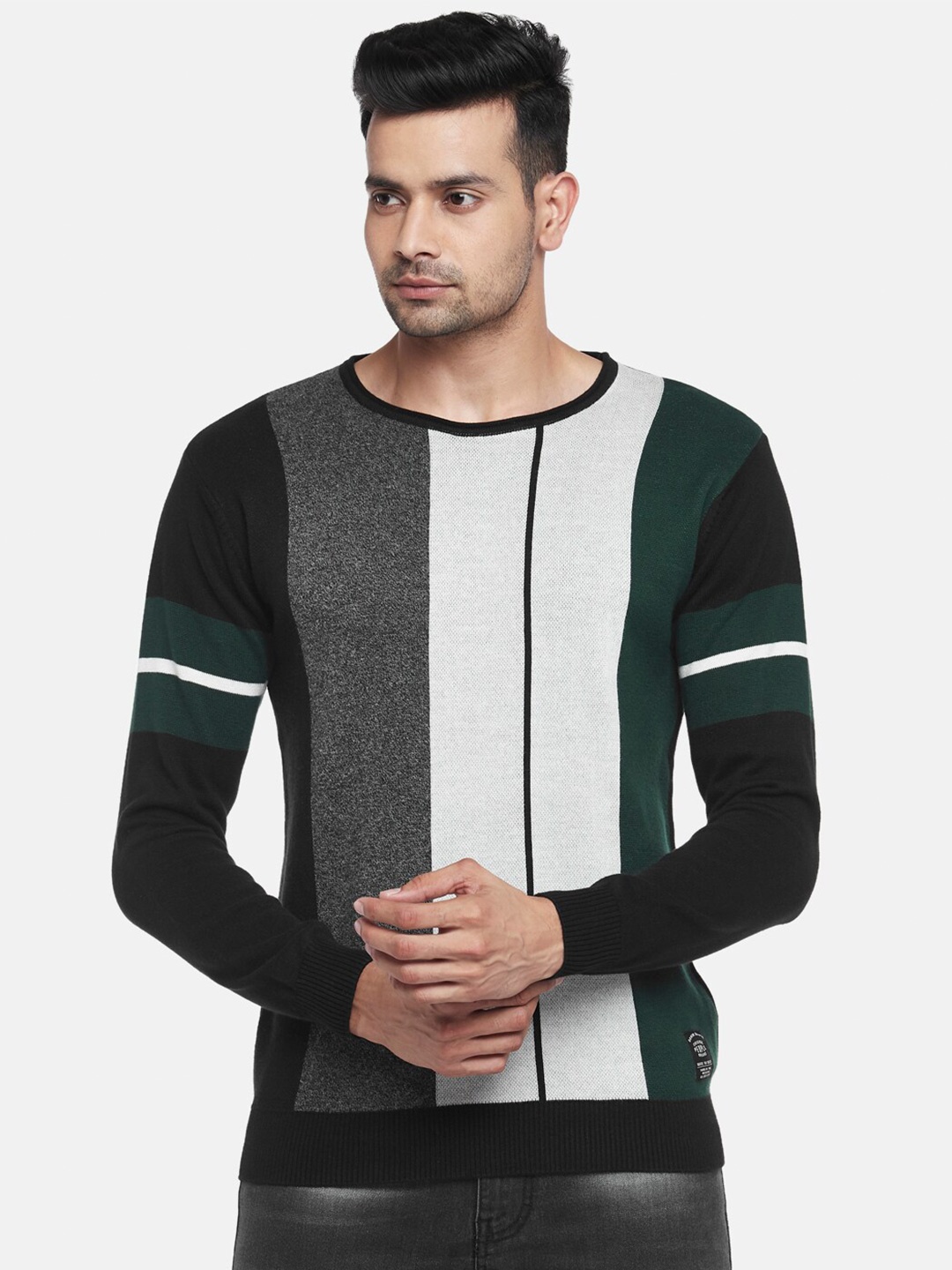 

People Men Black & White Colourblocked Striped Pullover