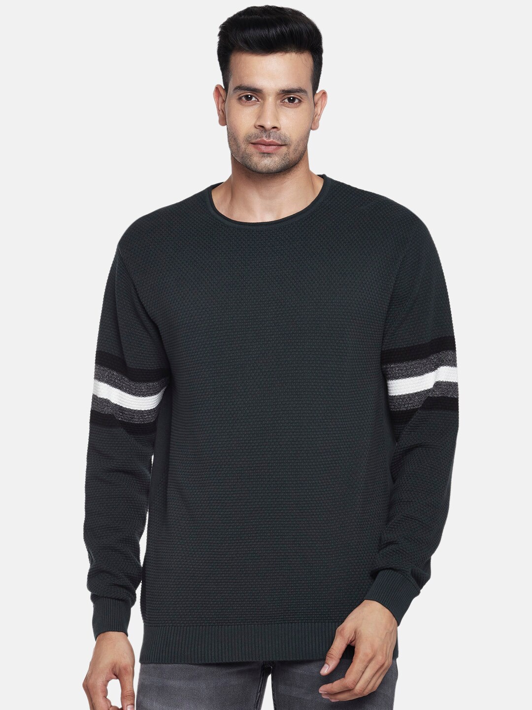 

People Men Green & Grey Pure Cotton Pullover