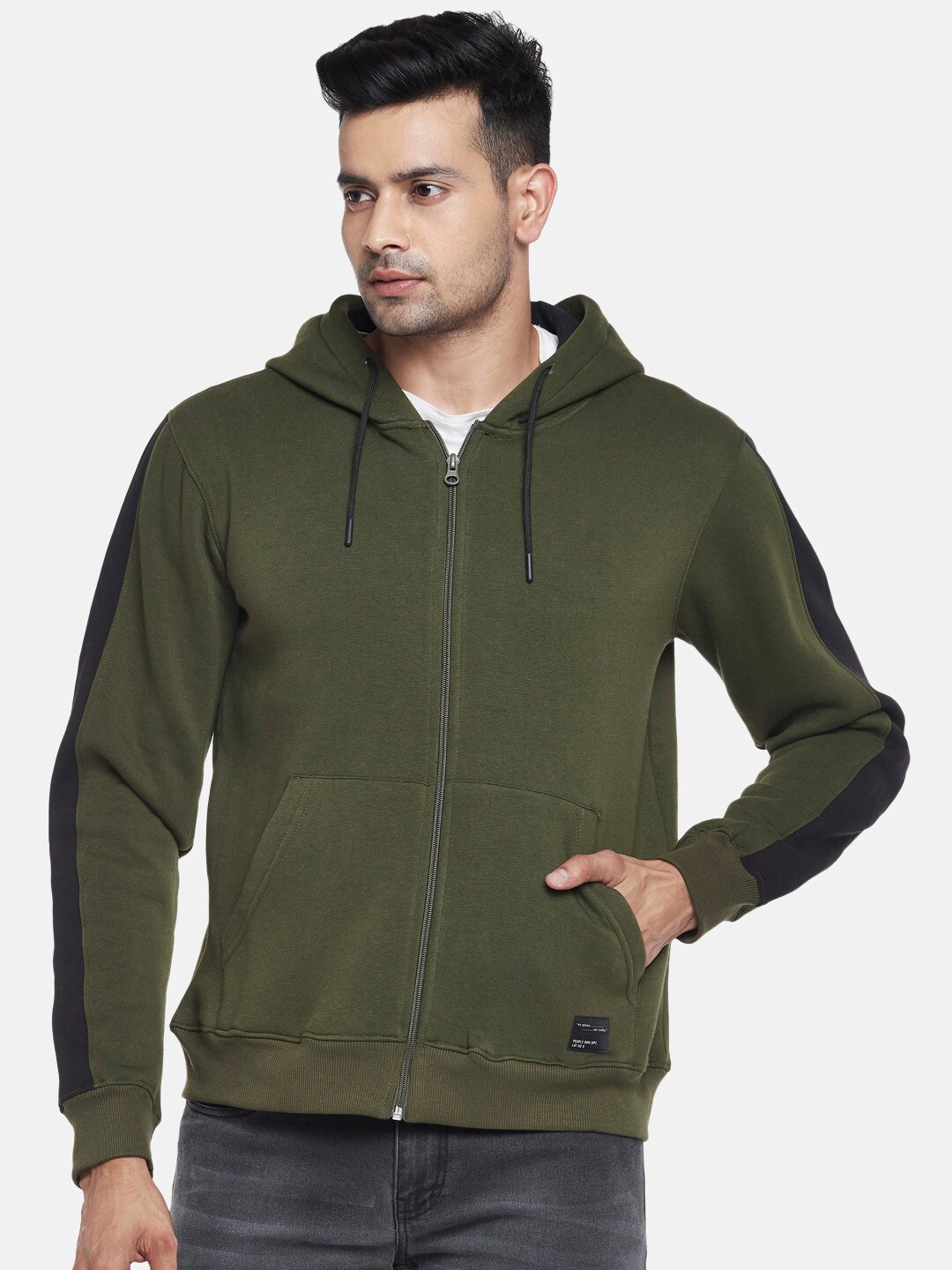 

People Men Olive Green Hooded Sweatshirt