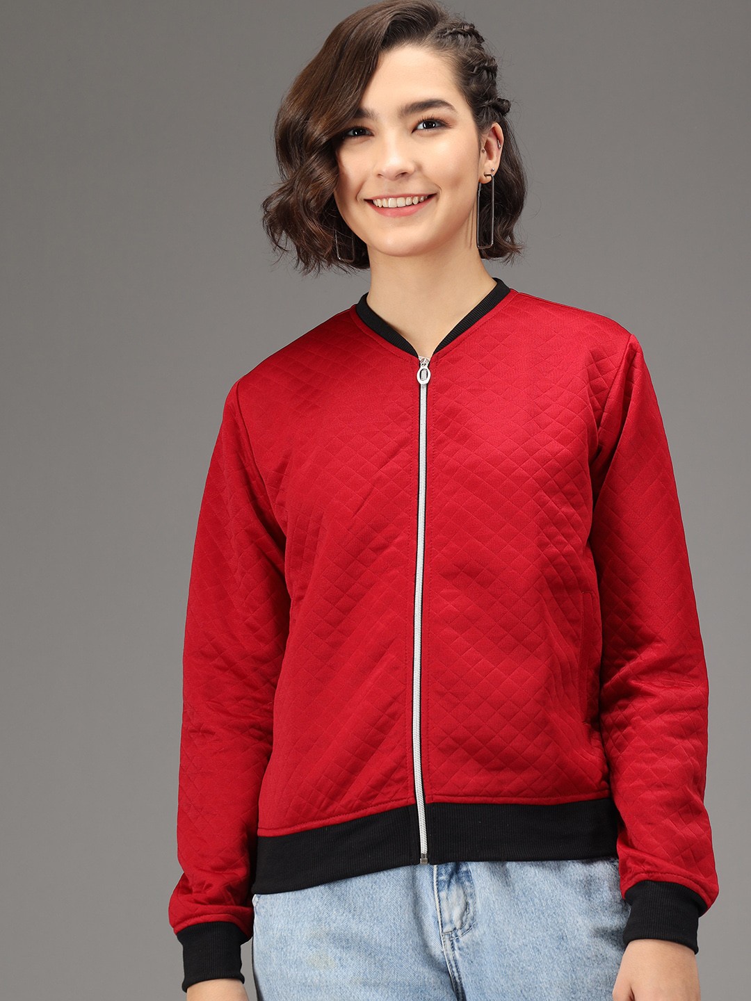 

Kotty Women Maroon & Black Geometric Checked Quilted Lightweight Bomber Jacket