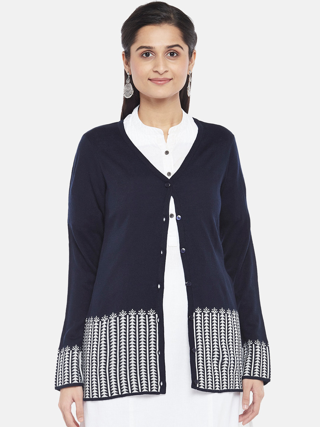 

RANGMANCH BY PANTALOONS Women Navy Blue & White Acrylic Self Design Coats