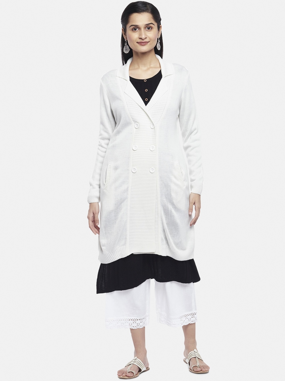 

RANGMANCH BY PANTALOONS Women White Solid Double-Breasted Overcoat