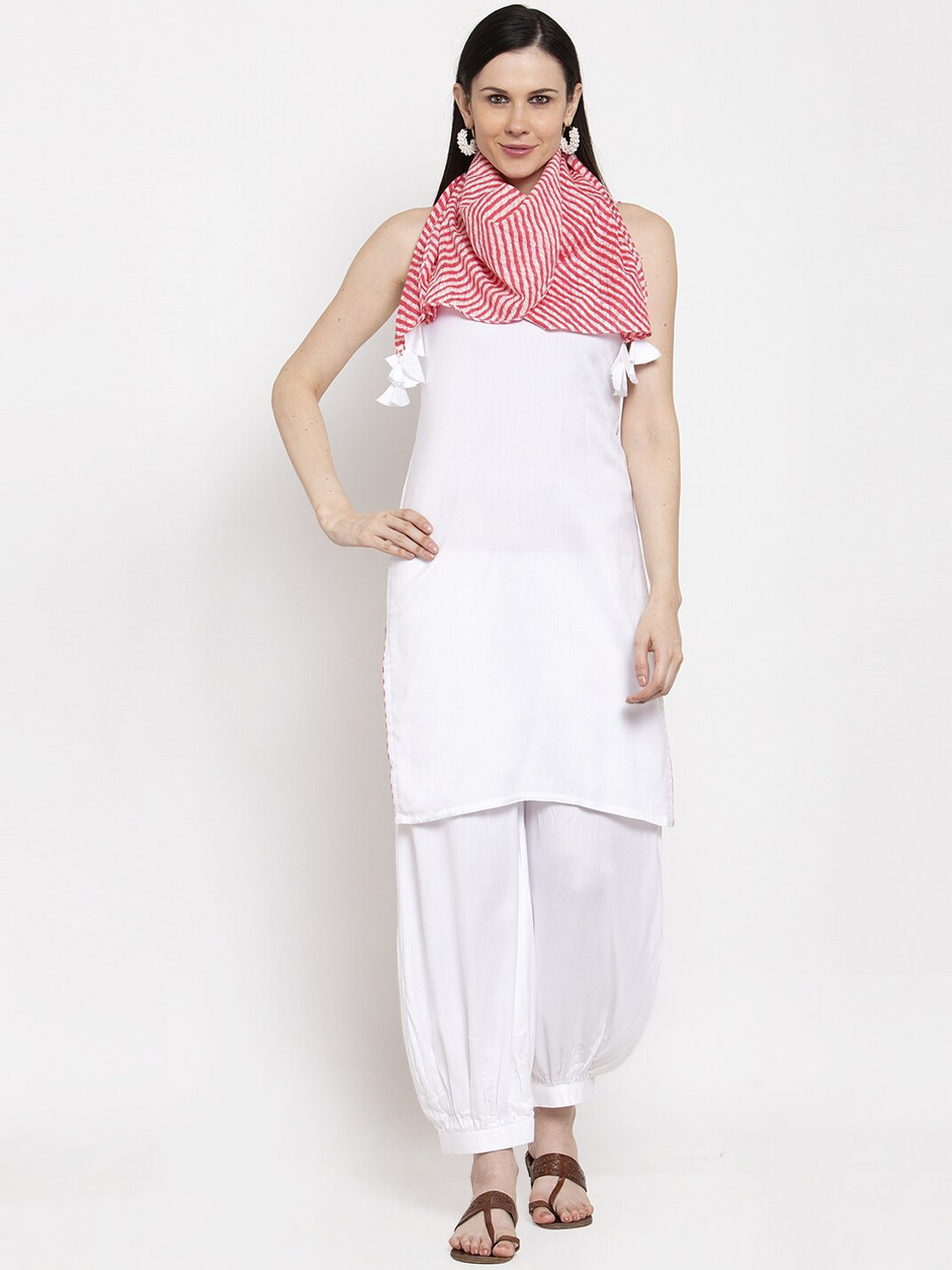 

DUGRI BE THE ONE Women White Printed Phulkari Kurti with Salwar & Dupatta