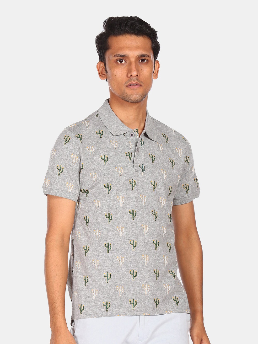 

Aeropostale Men Grey Polo Collar Pure Cotton T-shirt