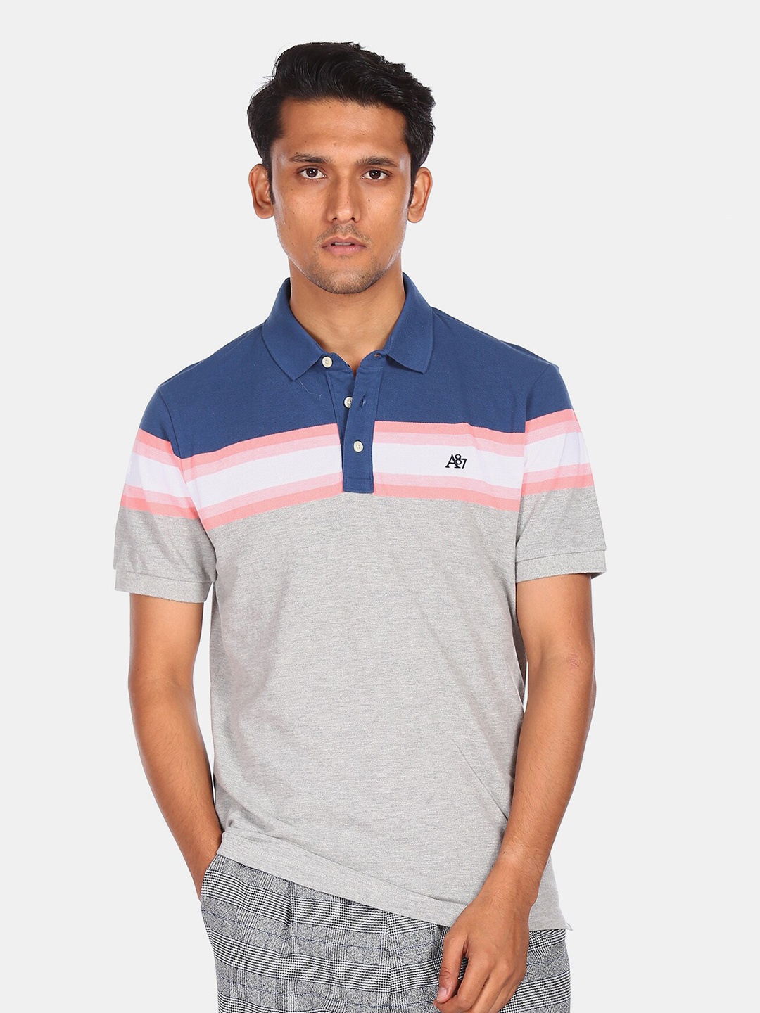 

Aeropostale Men Grey & Blue Colourblocked Polo Collar Pure Cotton T-shirt