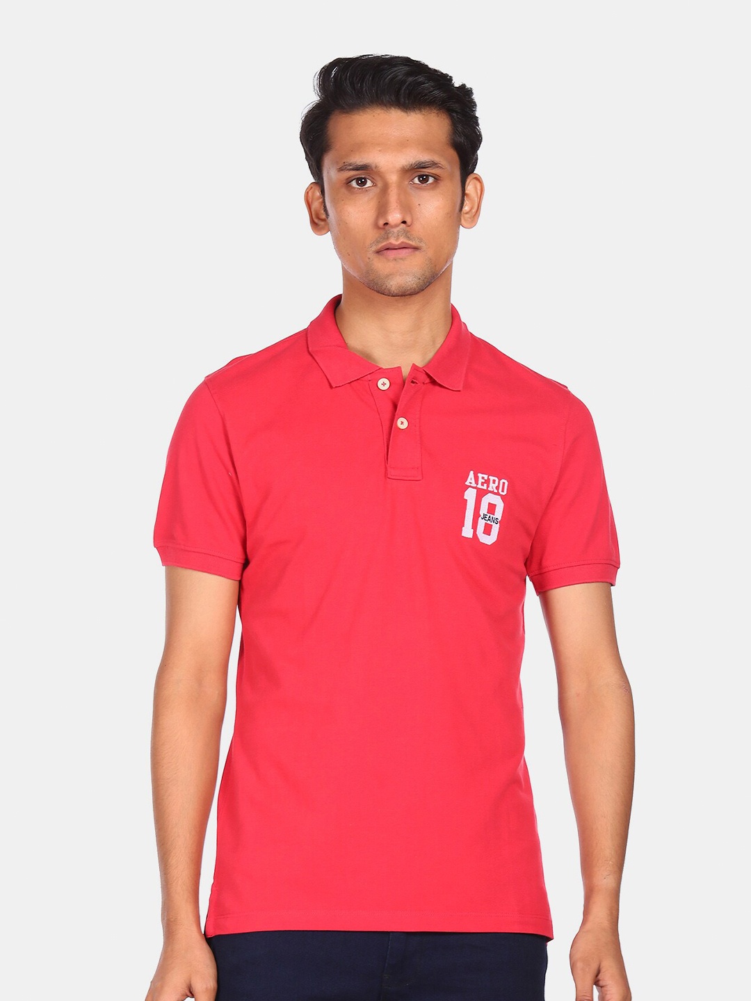

Aeropostale Men Red Typography Printed Polo Collar Applique Cotton T-shirt