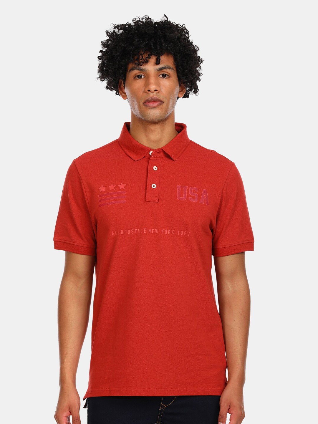 

Aeropostale Men Orange Typography Polo Collar Applique Slim Fit T-shirt