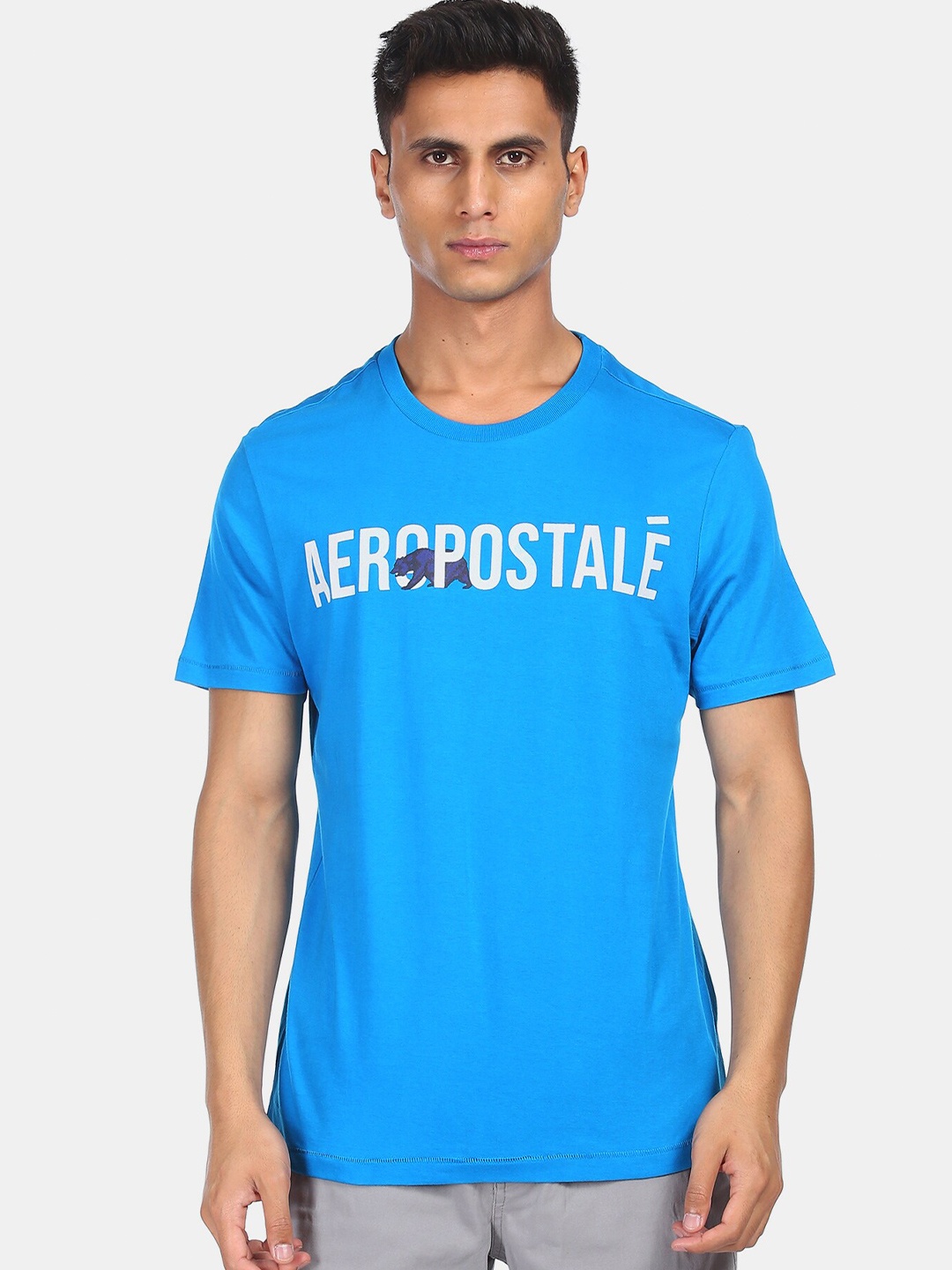 

Aeropostale Men Blue & White Brand Logo Printed Pure Cotton T-shirt