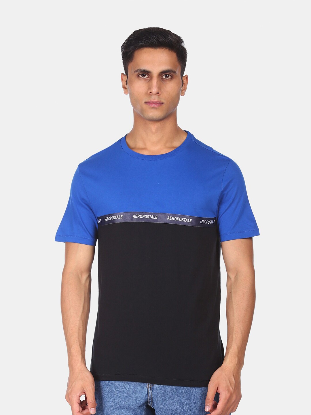 

Aeropostale Men Blue & Black Cotton Colourblocked T-shirt