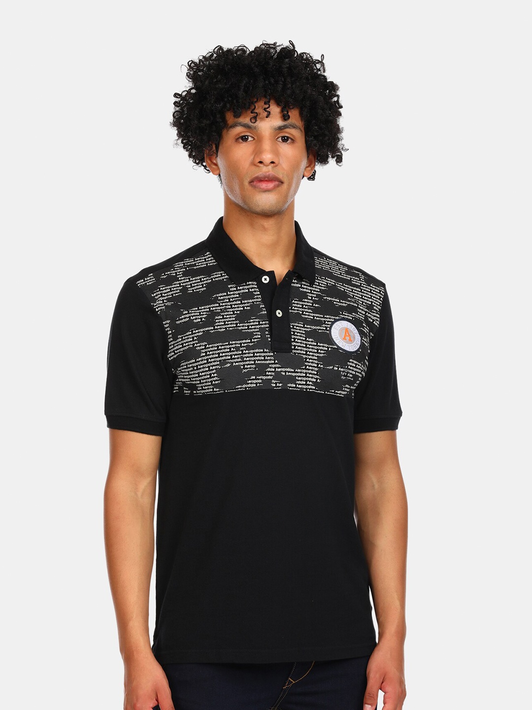 

Aeropostale Men Black & Grey Printed Pure Cotton Polo Collar T-shirt