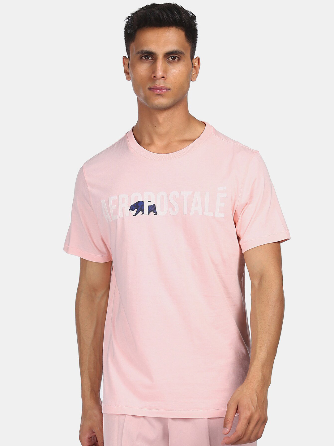 

Aeropostale Men Pink & White Brand Logo Printed Pure Cotton T-shirt