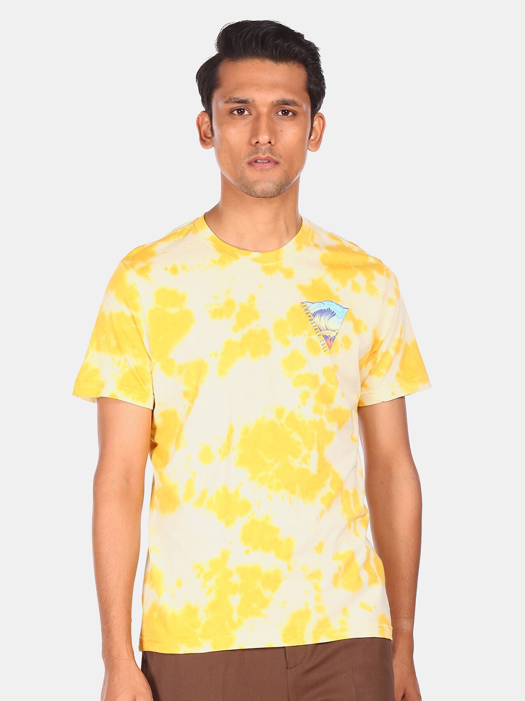 

Aeropostale Men Yellow & White Tie & Dye Pure Cotton T-shirt