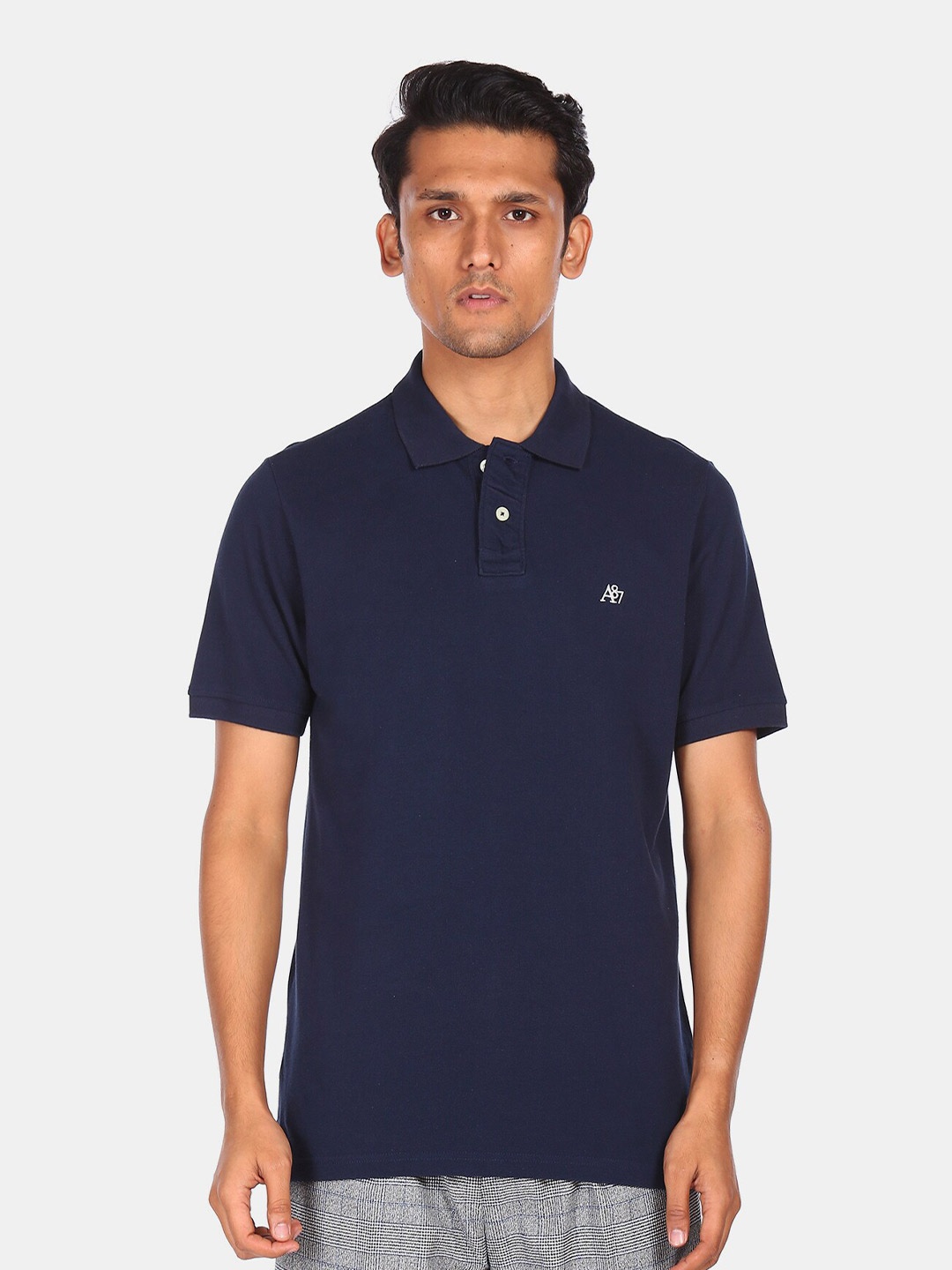 

Aeropostale Men Navy Blue Polo Collar Cotton T-shirt