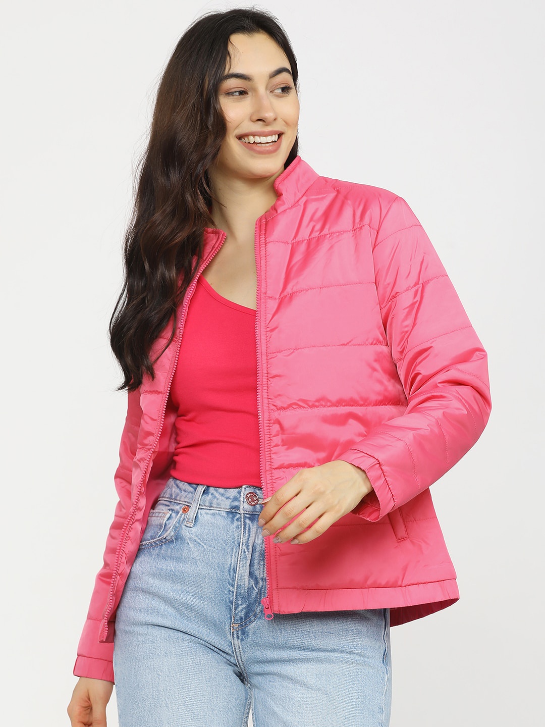 

Tokyo Talkies Women Pink Padded Jacket with Patchwork