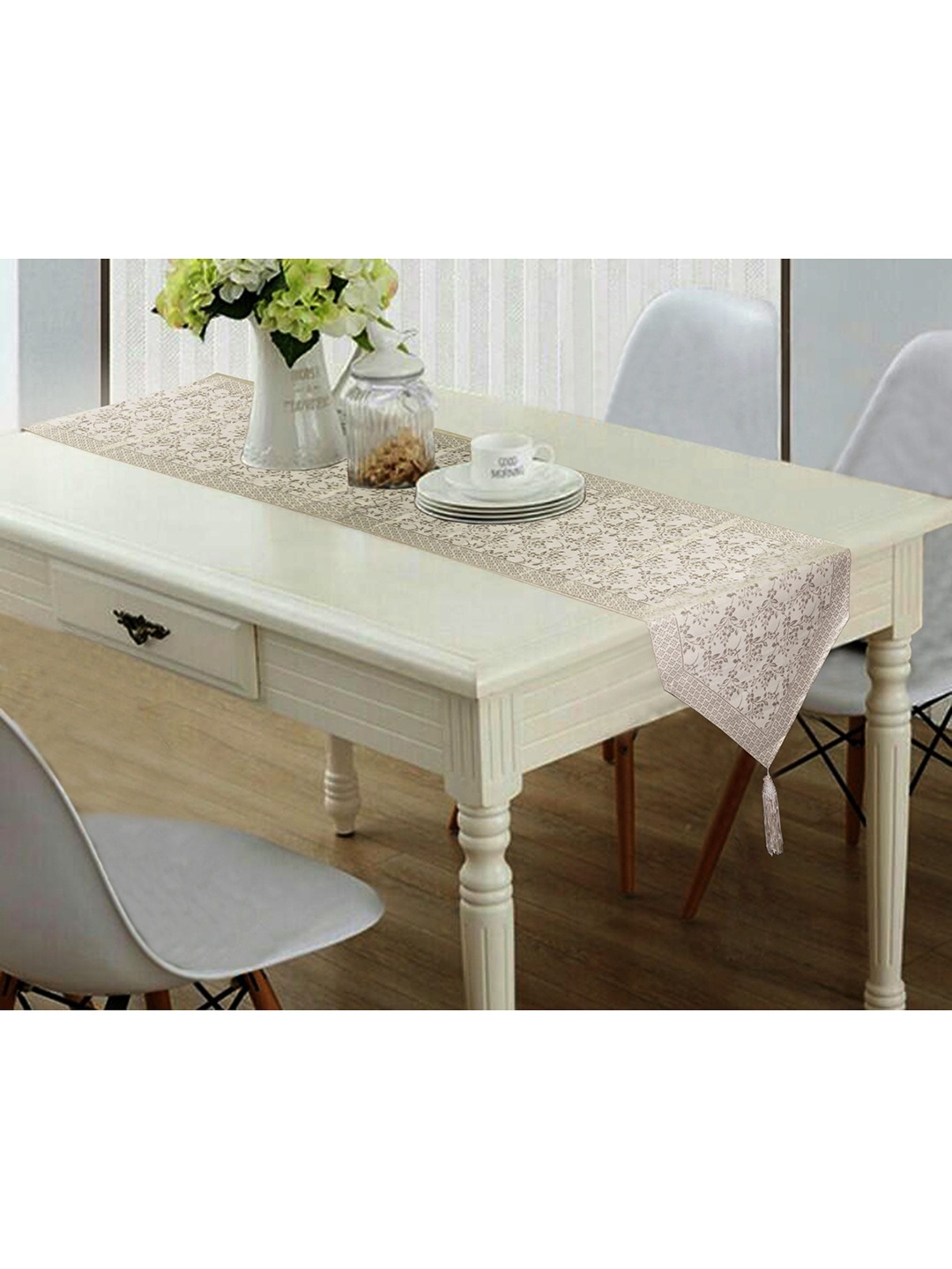 

Lushomes Cream Colored & Gold-Toned Printed Table Runner
