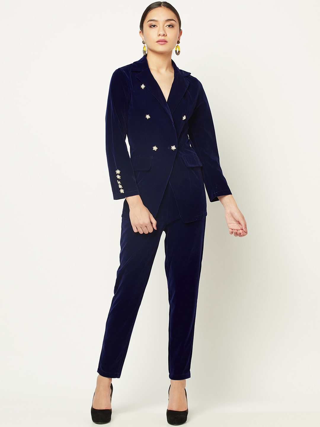 

iki chic Women Blue Solid Double-Breasted Slim-Fit 2-Piece Formal Suit