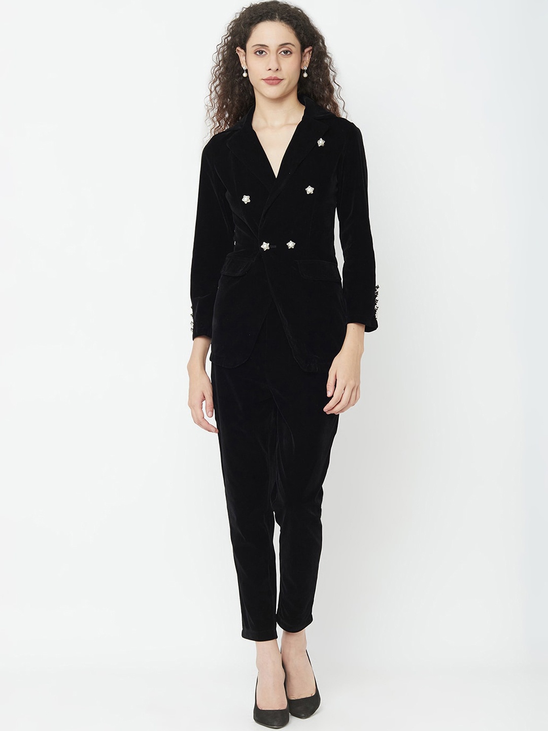 

iki chic Women Black Solid Double-Breasted Formal Suit