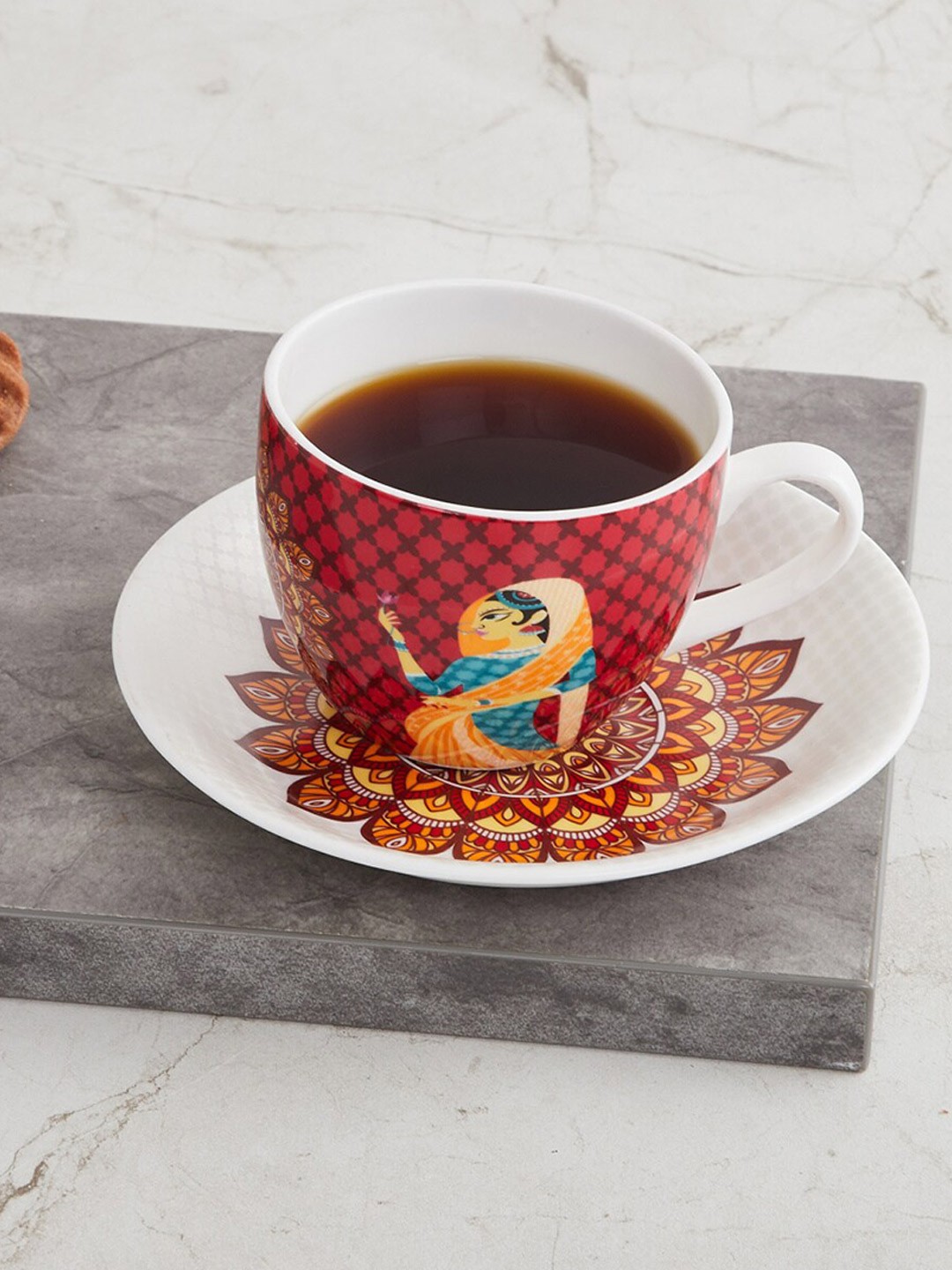 Home Centre Assorted Printed Bone China Matte Cup and Saucer