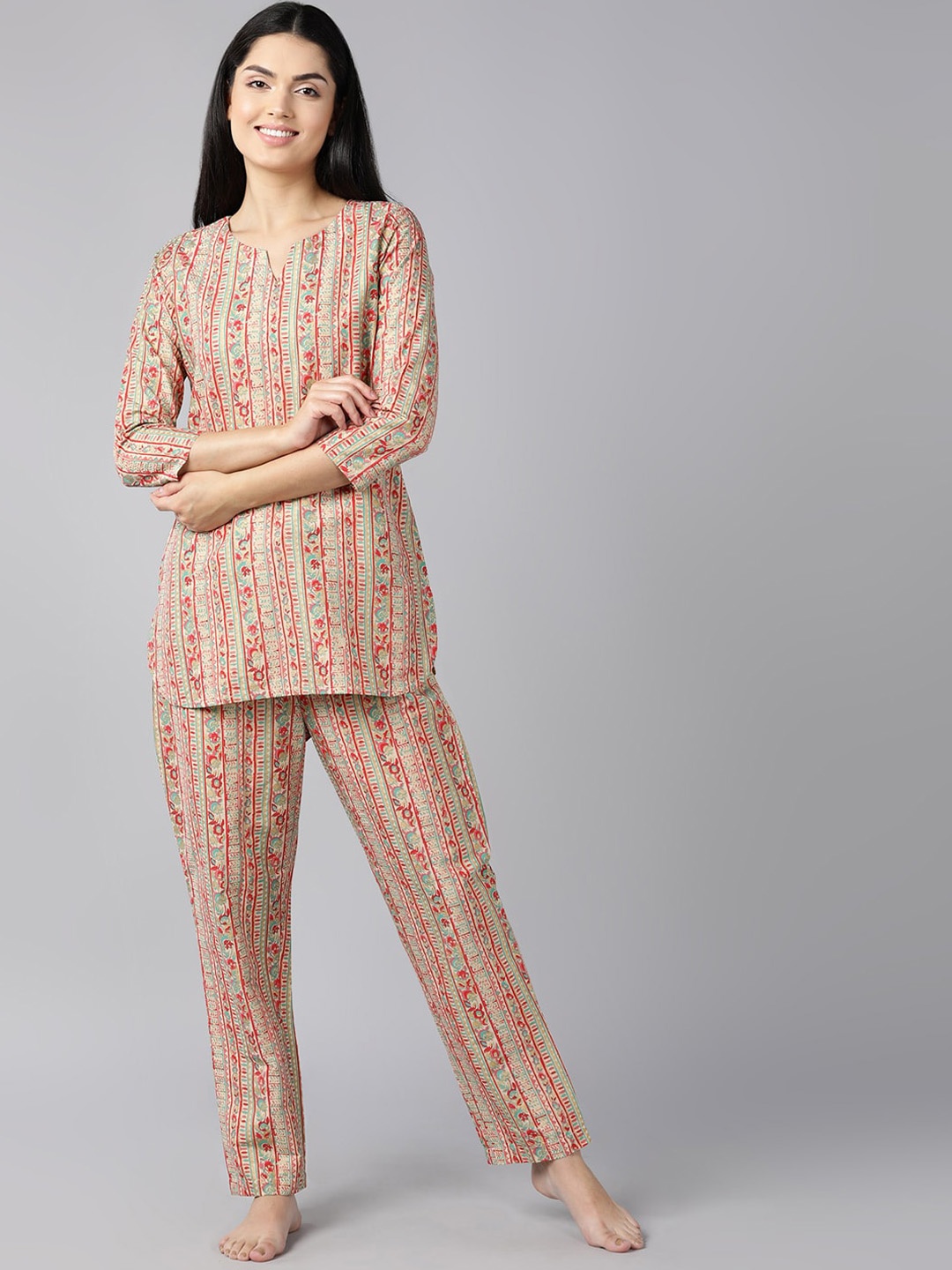 

AHIKA Women Beige & Red Cotton Printed Night suit