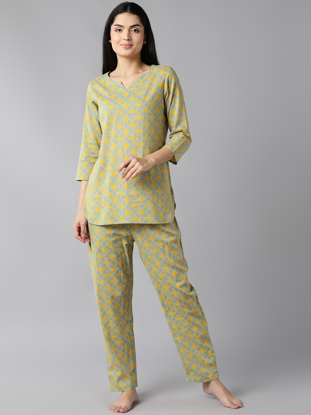 

AHIKA Women Teal Blue & Yellow Printed Pure Cotton Night suit