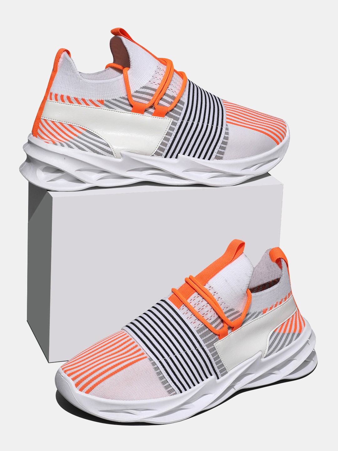 

RapidBox Men White & Orange Striped Sneakers