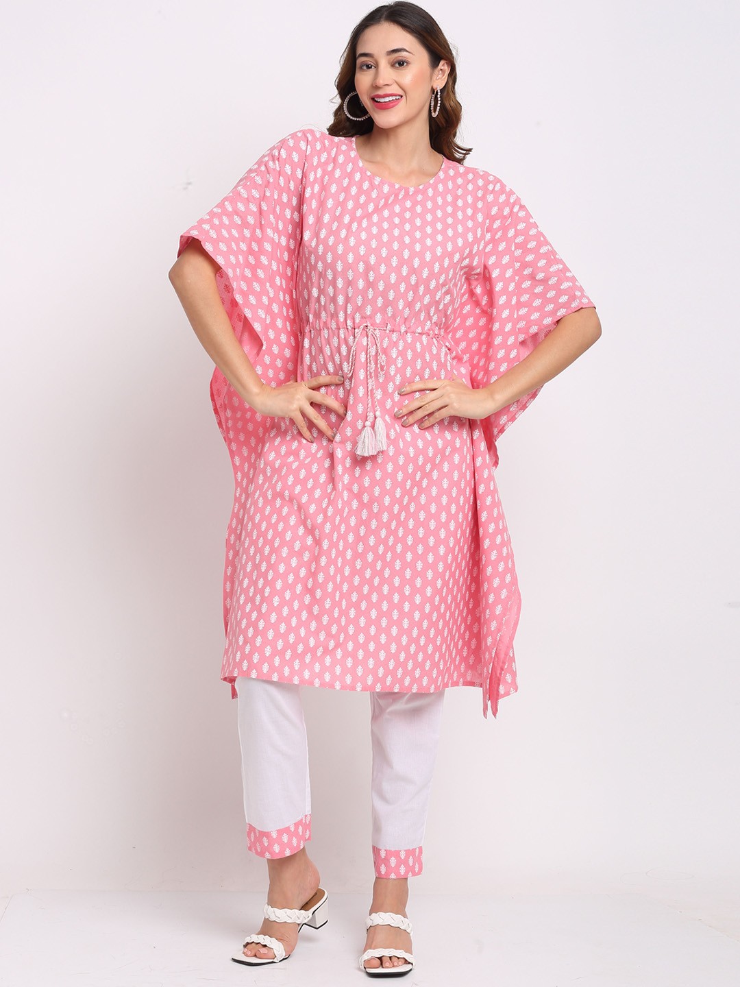 

Rajnandini Women Pink Printed Pure Cotton Kaftan with Churidar & With Dupatta