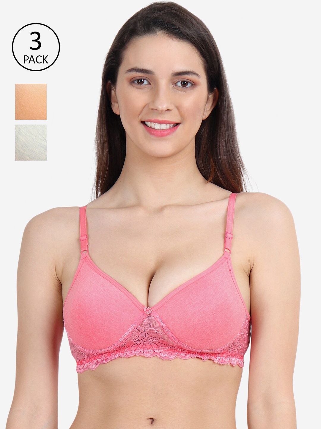 

XOXO Design Pack Of 3 Pink & Cream-Coloured Bralette Bras -Lightly Padded