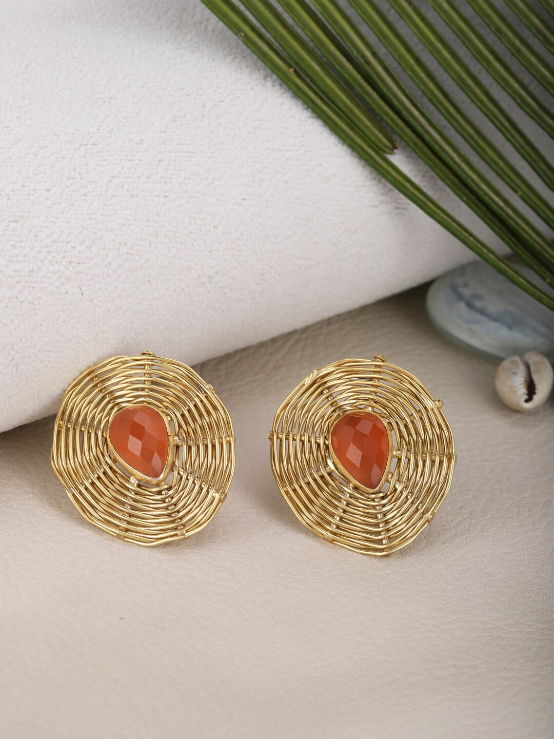 

Berserk Gold-Toned Carnelian Studded Teardrop Shaped Studs Earrings