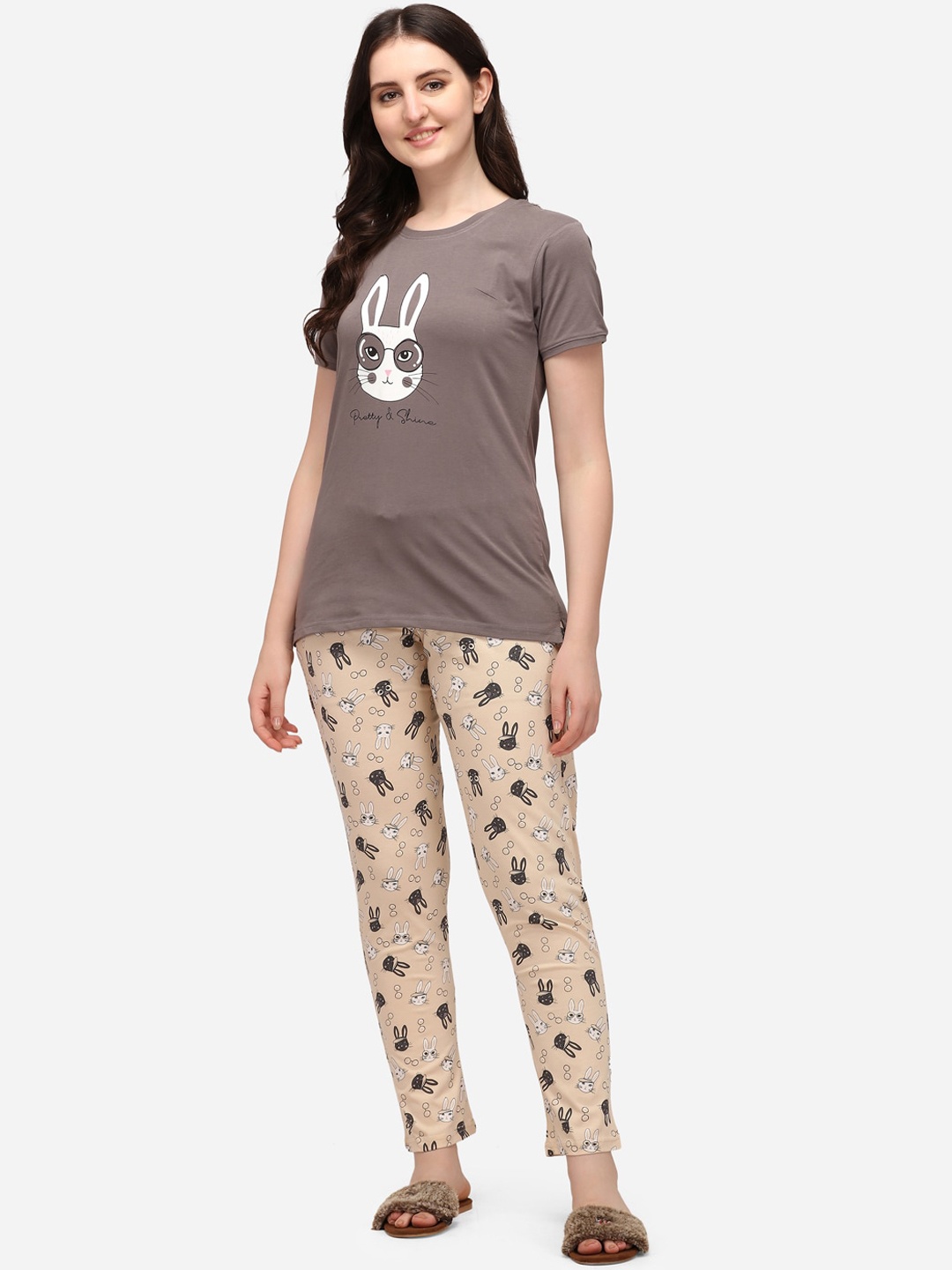 

Lenissa Women Coffee Brown & White Printed Night suit
