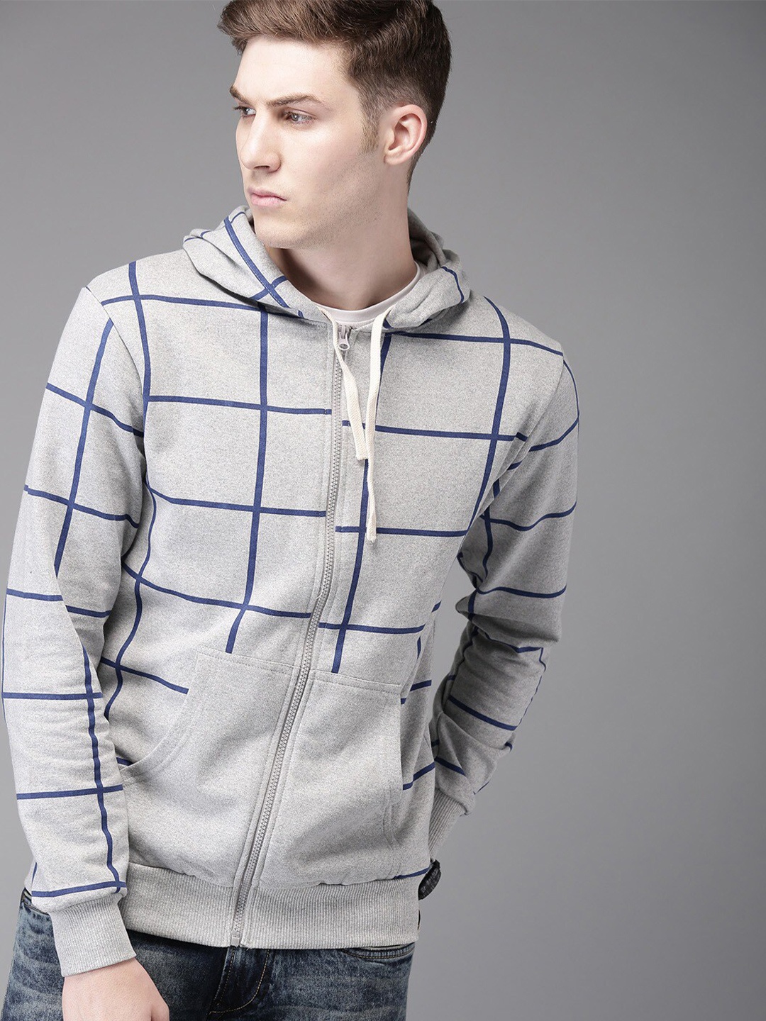 

Campus Sutra Men Grey Checked Hooded Sweatshirt