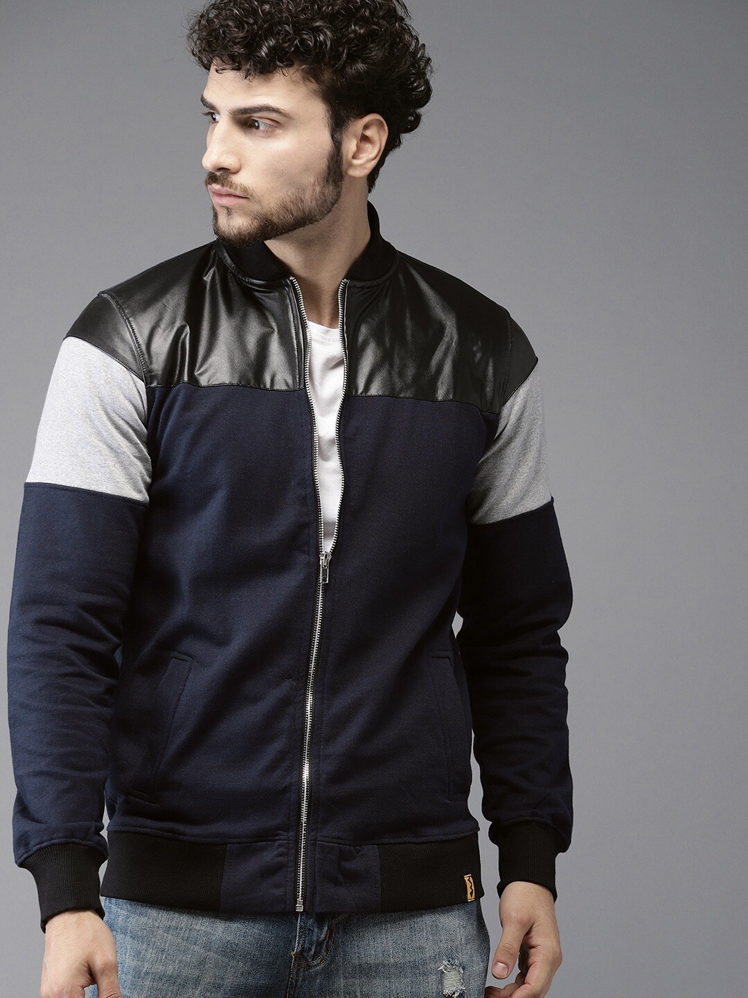 

Campus Sutra Men Navy Blue & Black Colourblocked Windcheater Outdoor Bomber Jacket