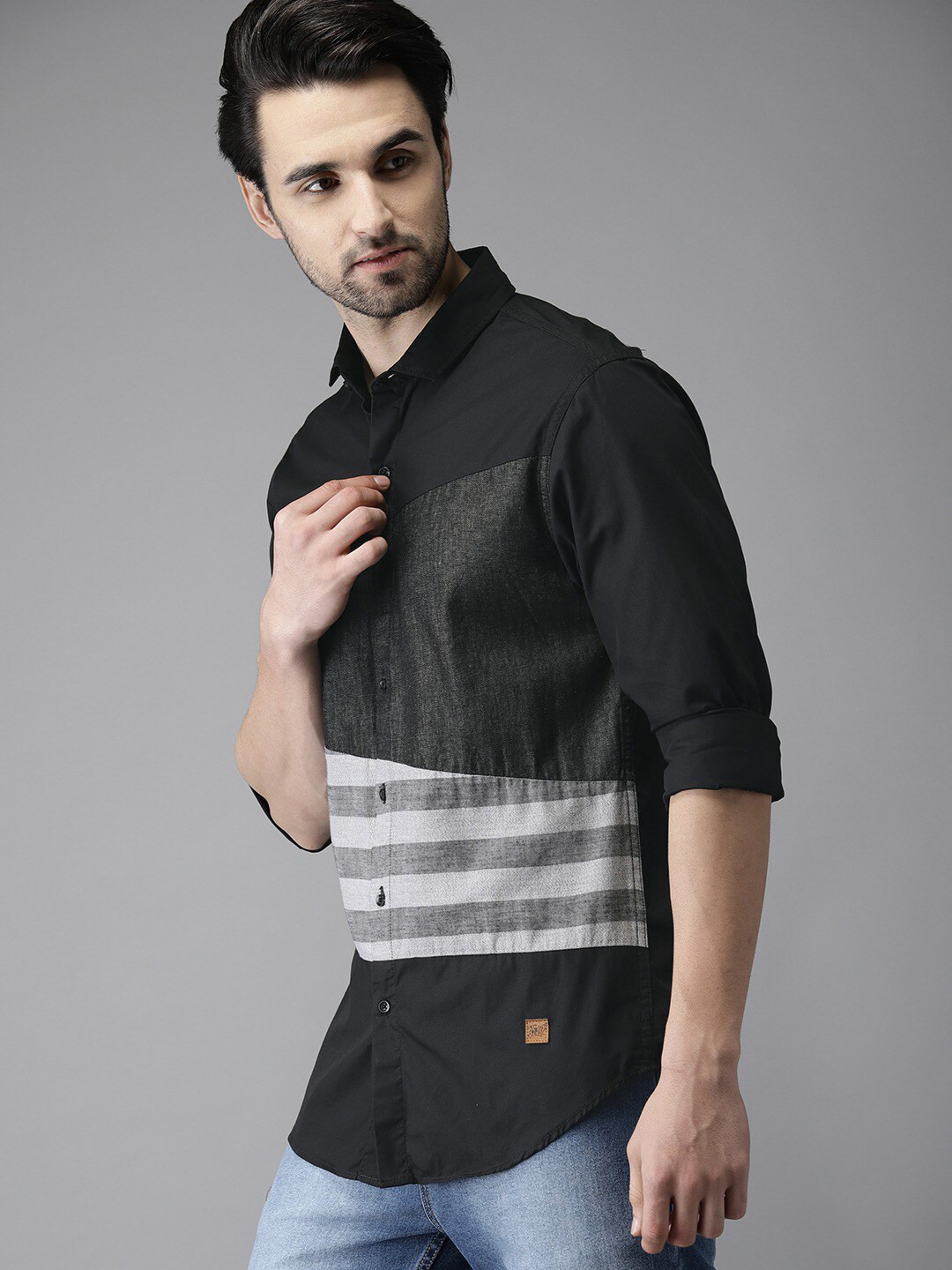

Campus Sutra Men Black & Grey Striped Regular Fit Casual Shirt