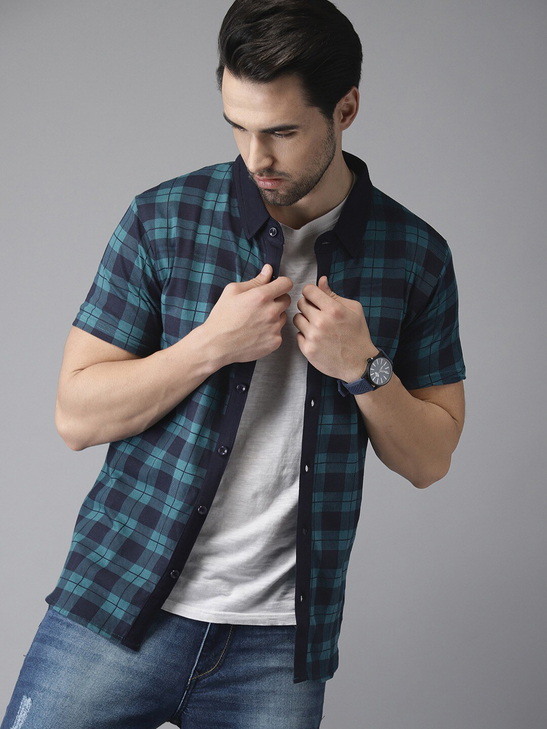 

Campus Sutra Men Half Sleeve Checks Casual Shirt, Green