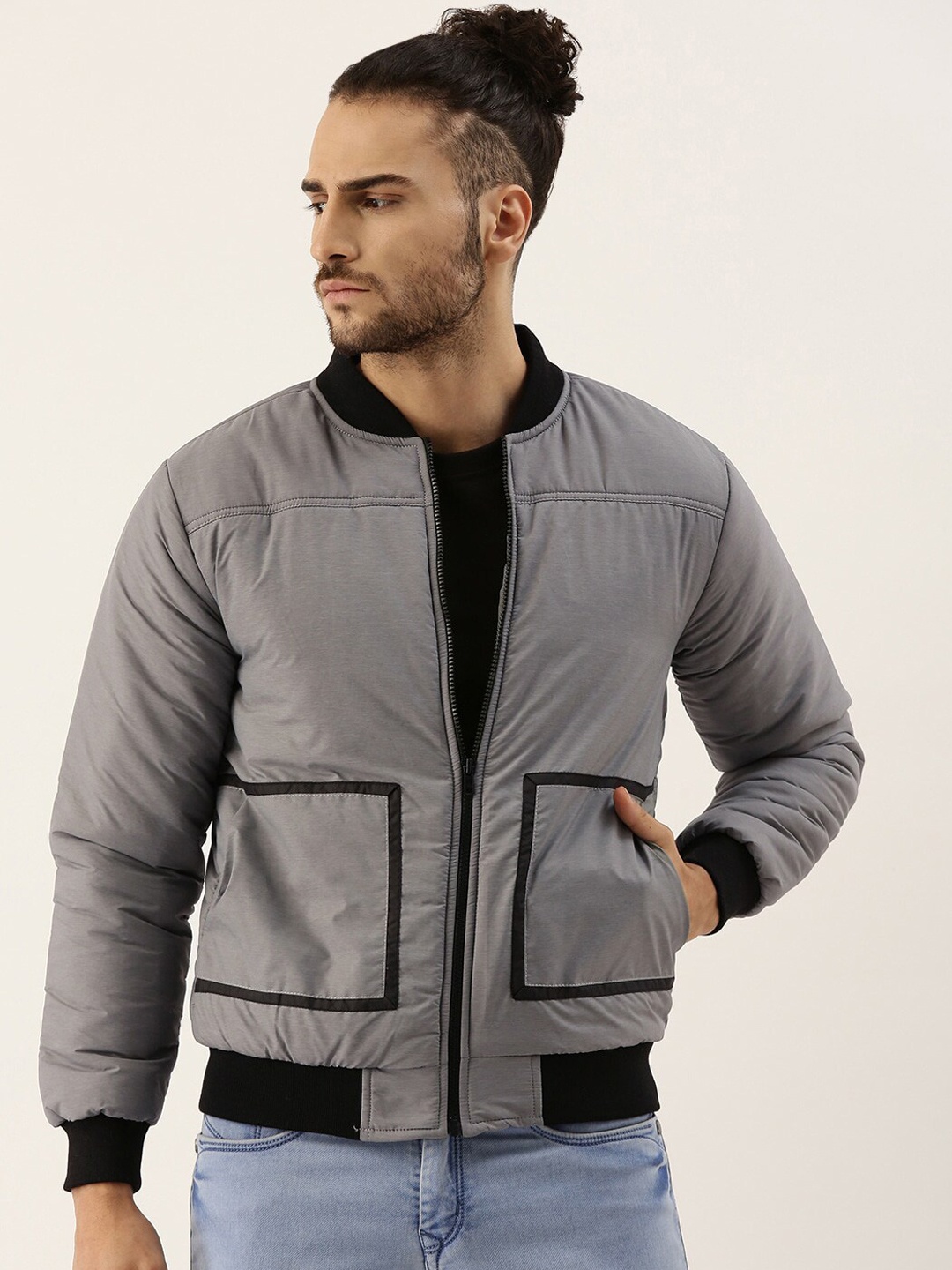 

Campus Sutra Men Grey Black Windcheater Outdoor Bomber Jacket