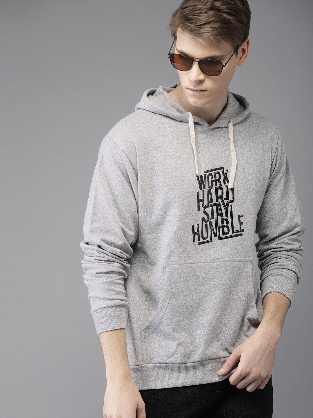

Campus Sutra Men Grey Printed Hooded Cotton Sweatshirt
