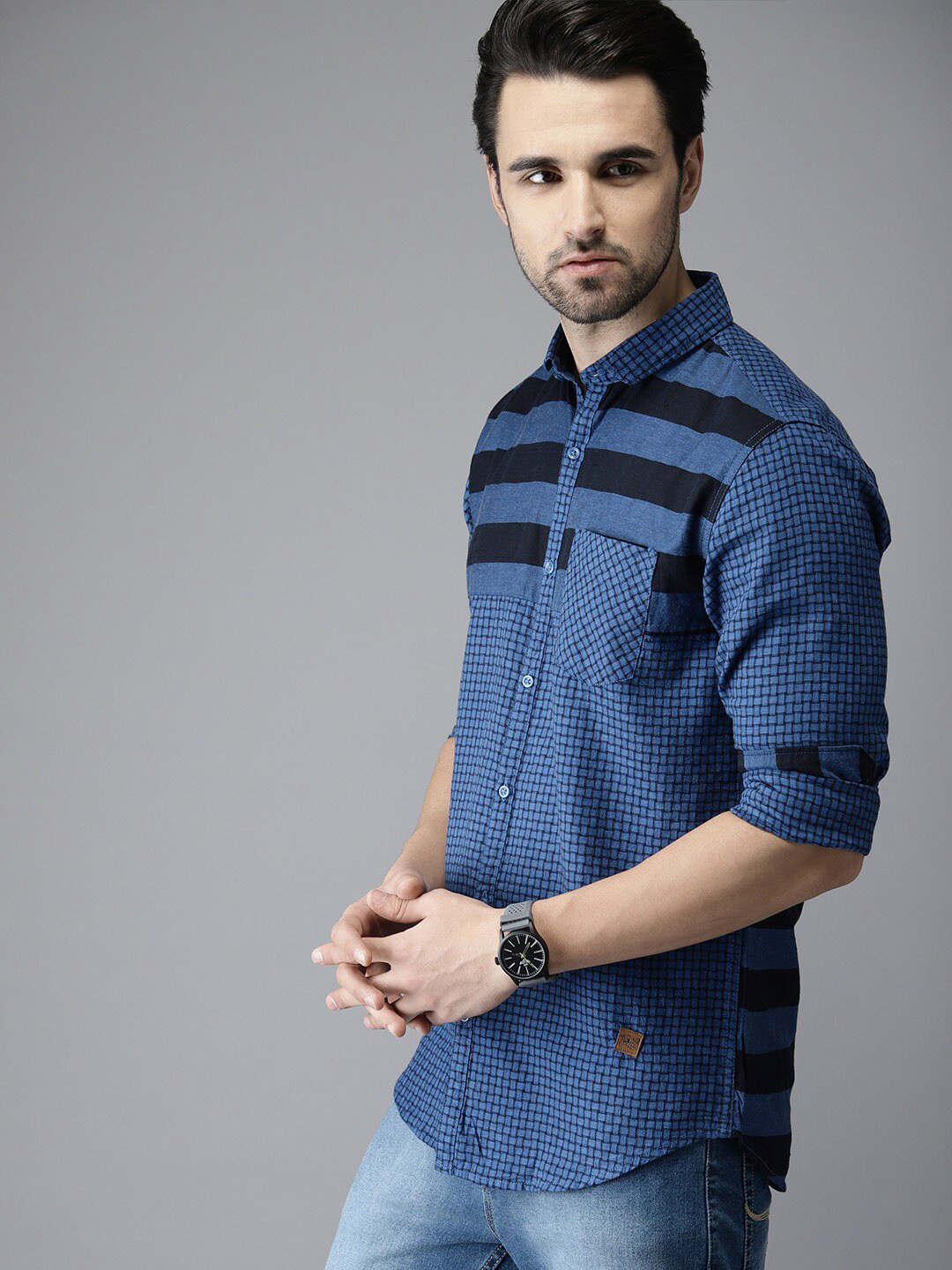 

Campus Sutra Men Blue & Black Classic Opaque Horizontal Striped Cotton Casual Shirt