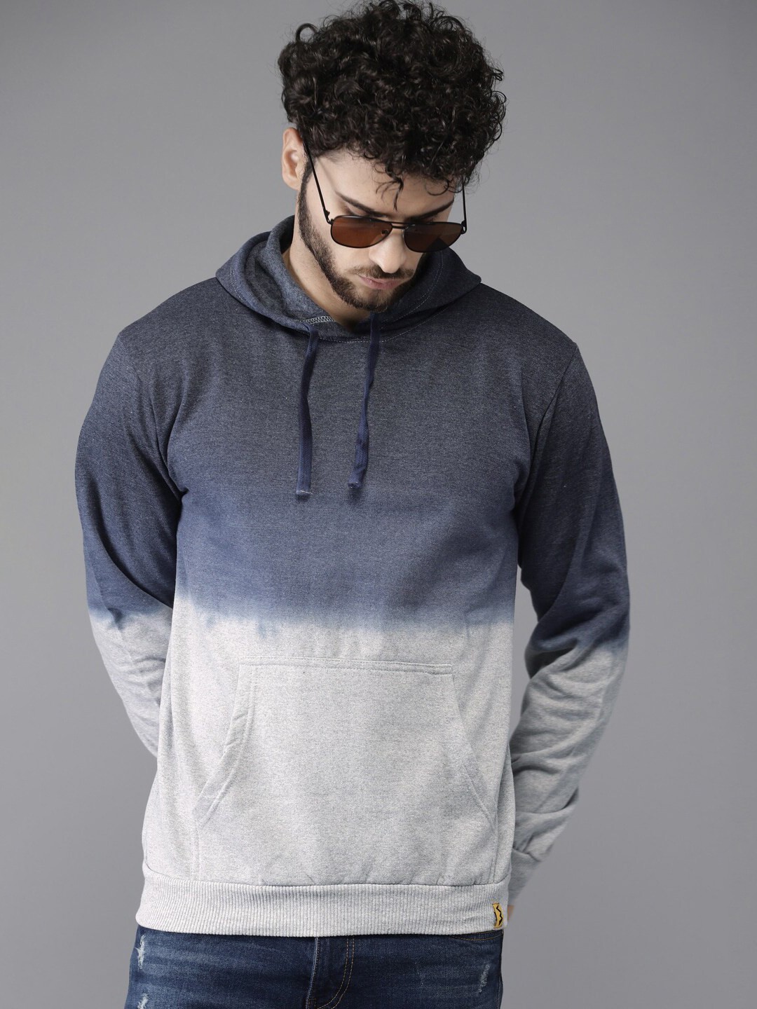 

Campus Sutra Men Blue & Grey Colourblocked Hooded Sweatshirt