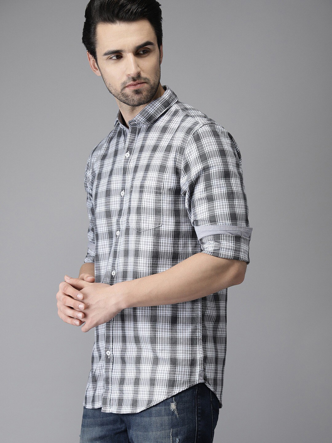 

Campus Sutra Men White & Grey Classic Opaque Checked Cotton Casual Shirt