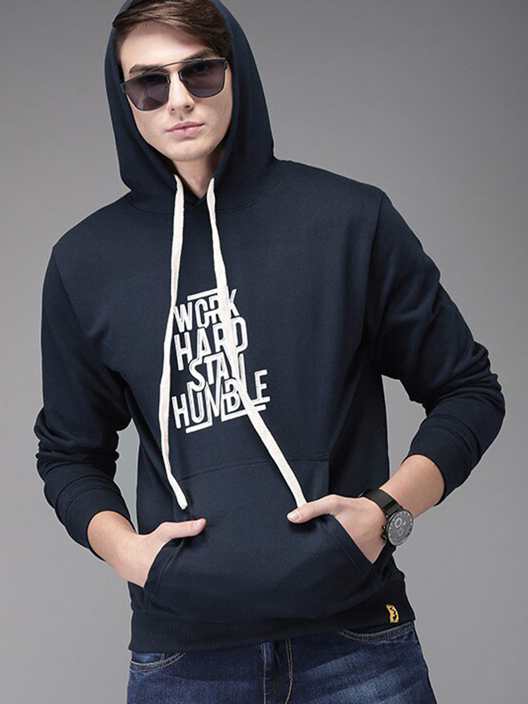

Campus Sutra Men Navy Blue & White Printed Hooded Sweatshirt