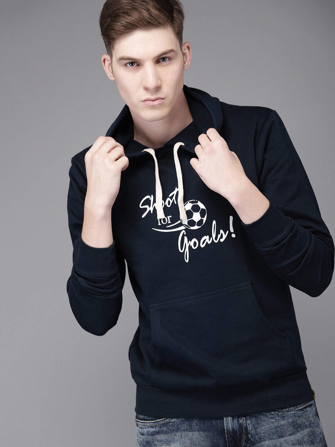 

Campus Sutra Men Navy Blue Printed Hooded Sweatshirt