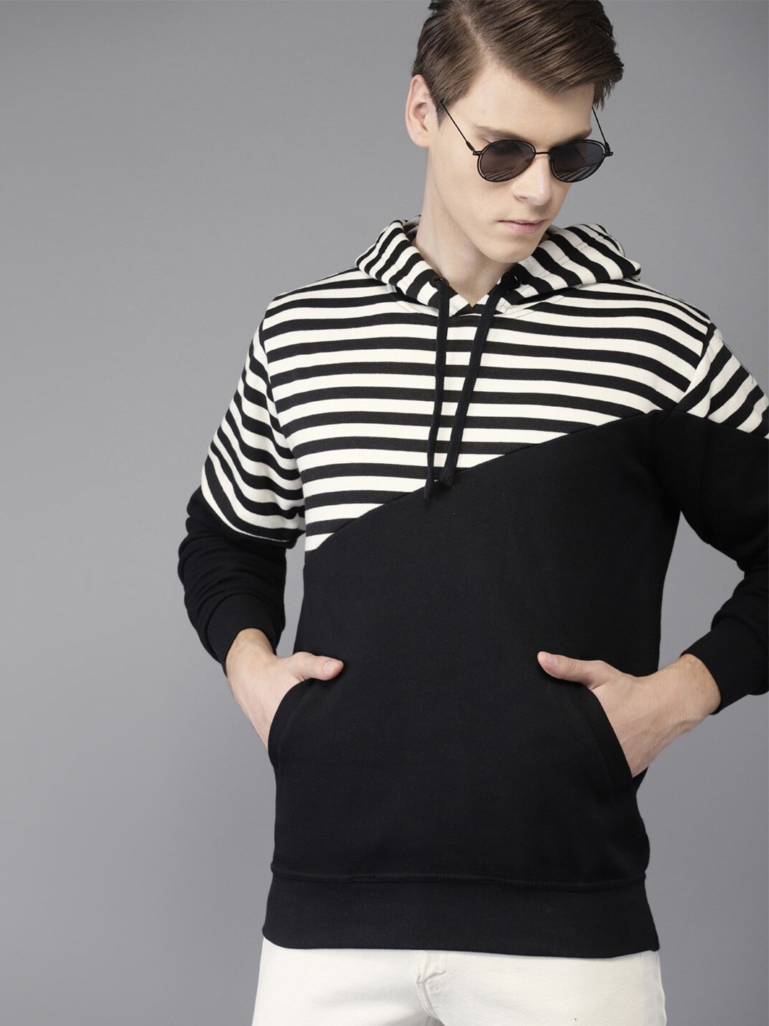 

Campus Sutra Men White Striped Hooded Sweatshirt