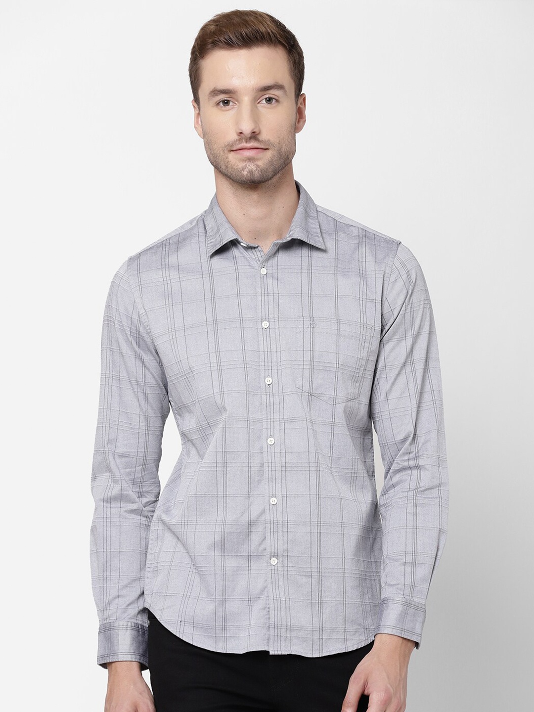 

AD By Arvind Men Grey Windowpane Checked Pure Cotton Casual Shirt