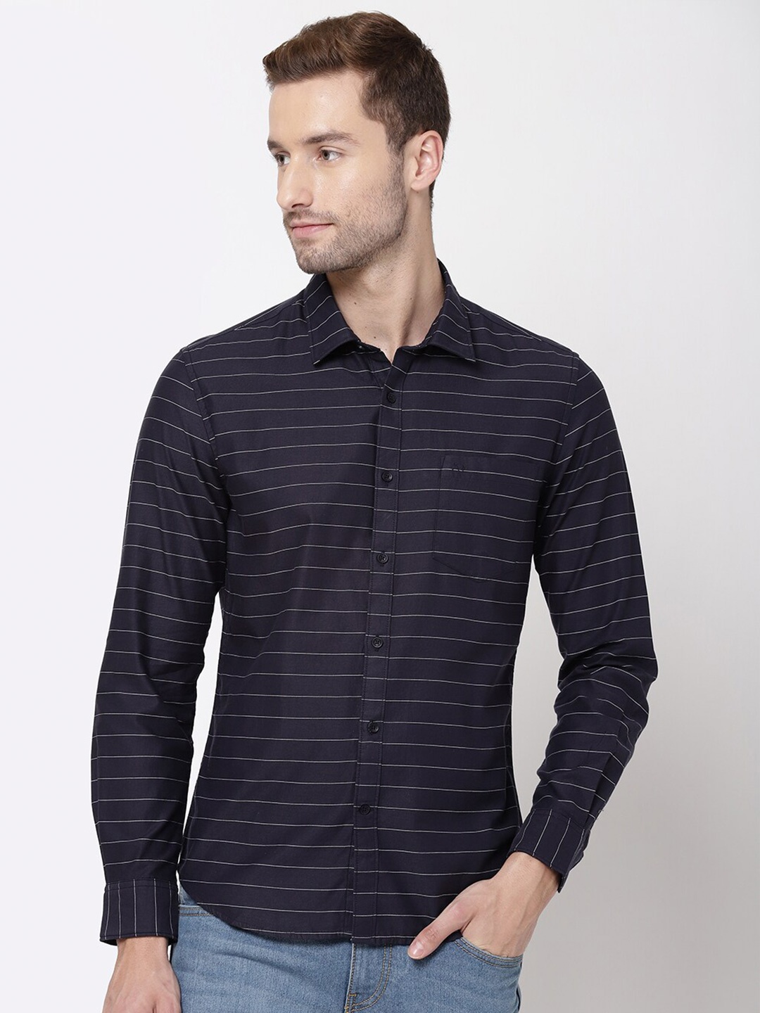 

AD By Arvind Men Blue Horizontal Stripes Opaque Striped Casual Shirt